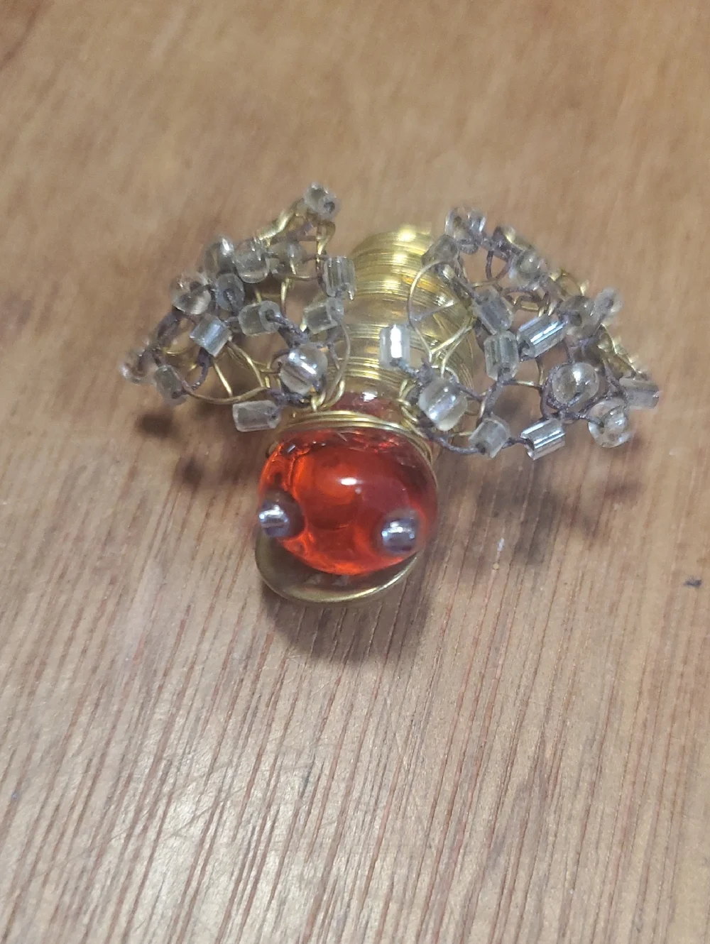 Handcrafted Amber-Tone Bee Brooch with Clear Bead Accents BD